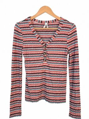 Mudd Y2K Striped Ribbed Henley Long Sleeve Top Size Small